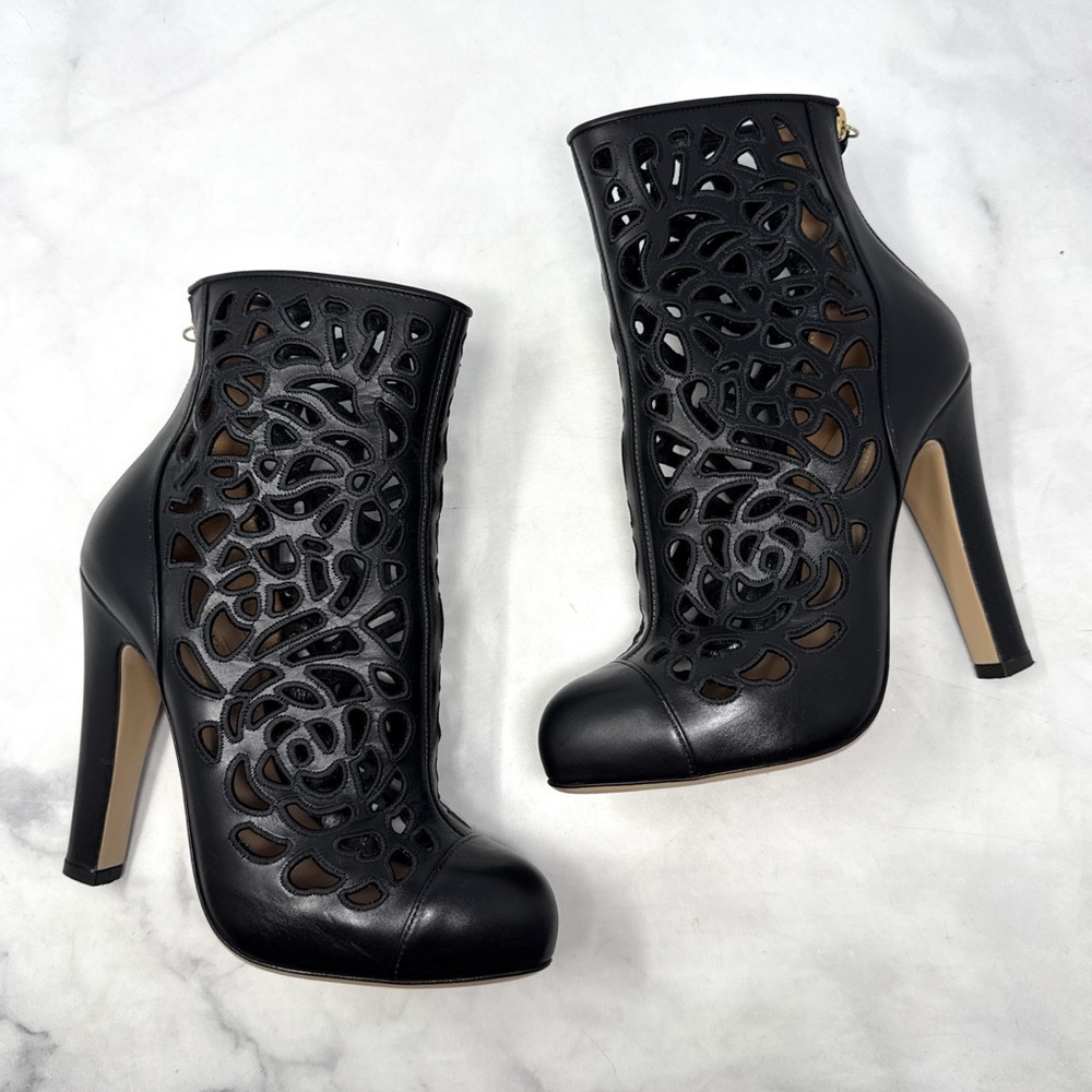Valentino Garavani Leather Floral Laser Cut Block Heel Ankle Booties Boots Black